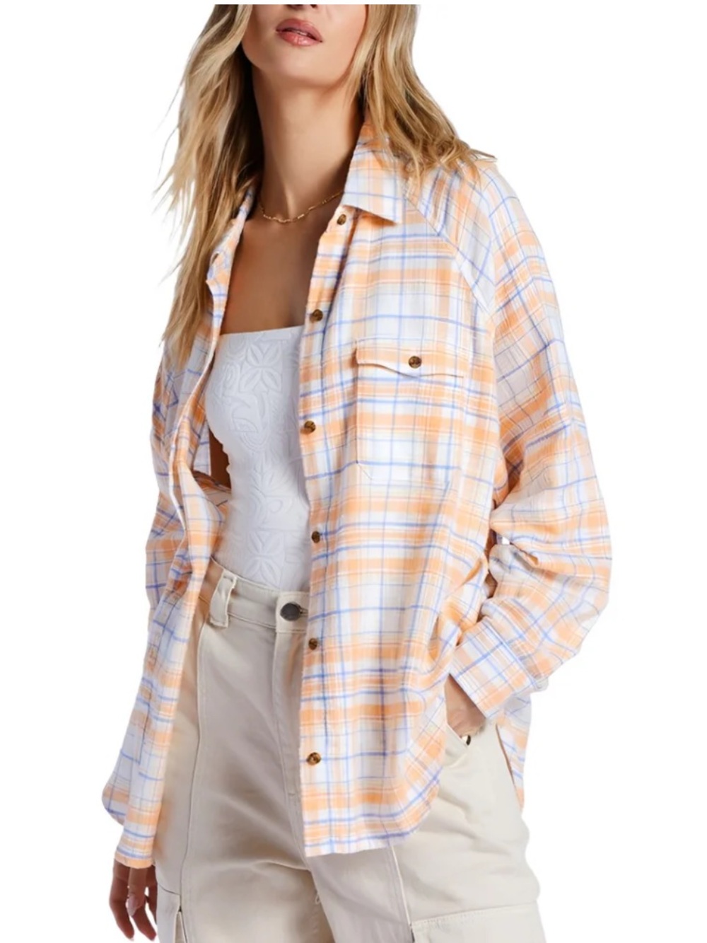 NWT Billabong Orange and Blue Plaid Casual Button-Down Shirt